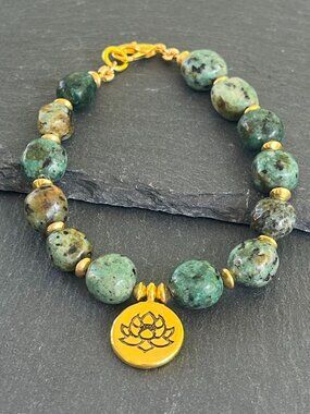 African Turquoise Beaded Bracelet | Gold Lotus Boho Charm Bracelet with Clasp